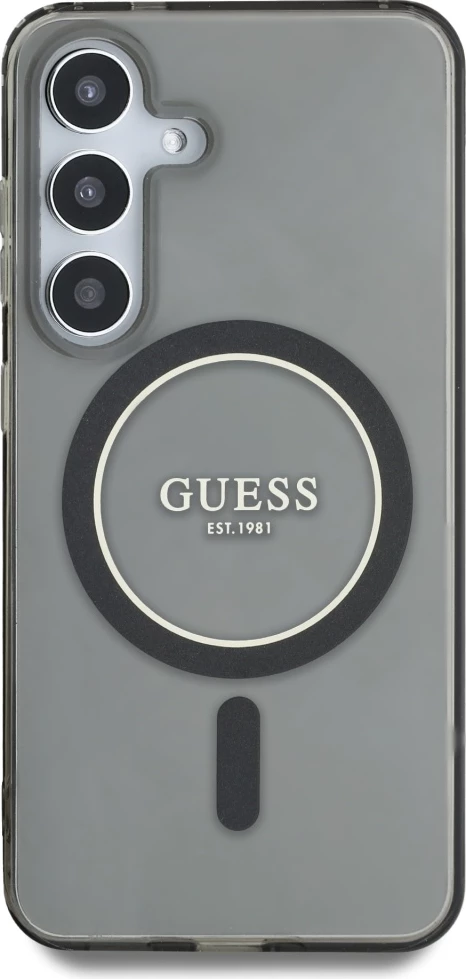 Mbështjellës Guess Glitter Circle Classic Logo MagSafe për Samsung Galaxy S25, zi