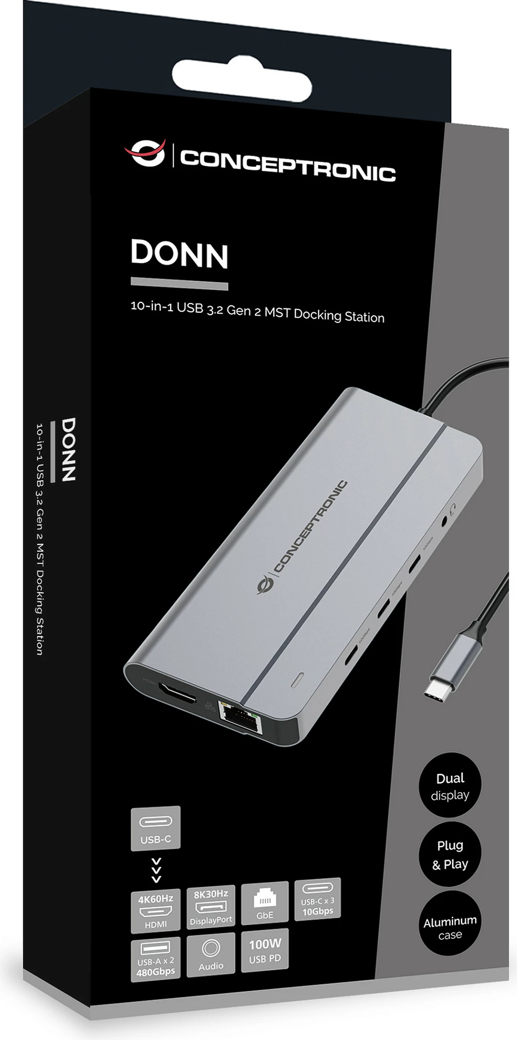 Dok USB-C Conceptronic 10-në-1, 8K HDMI/DisplayPort, 100W PD, Gigabit LAN, gri