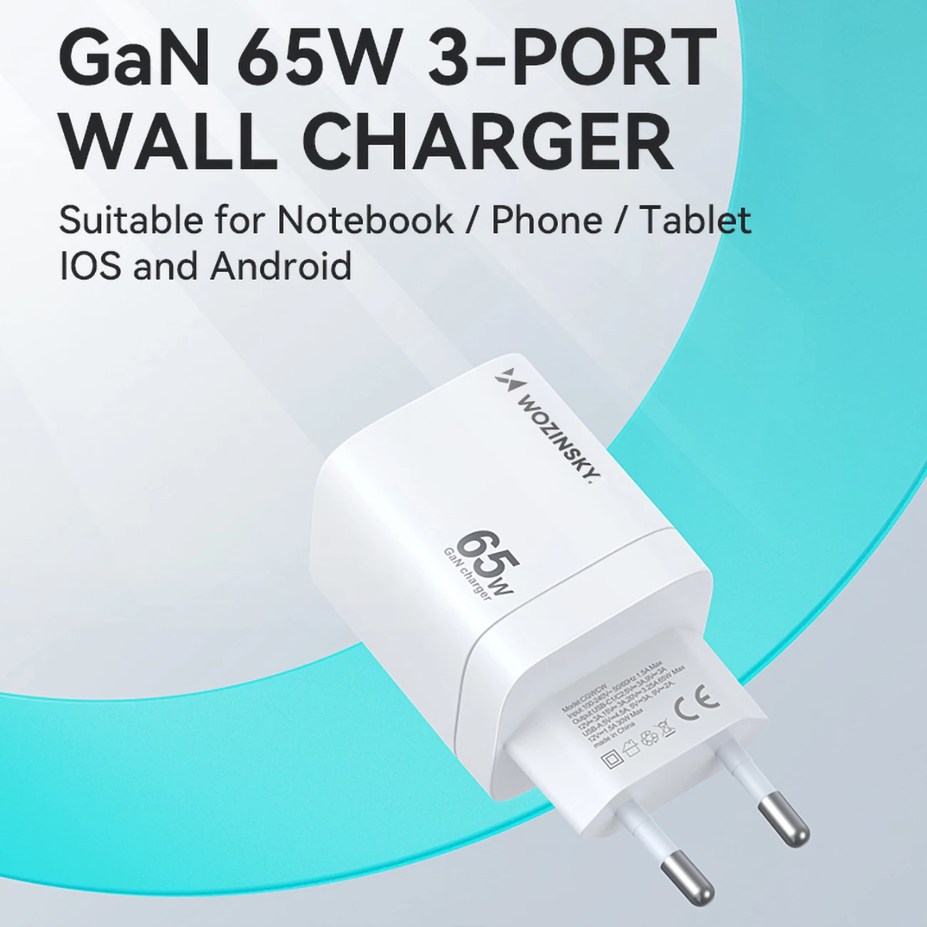 Karikues muri Wozinsky CGWCW, 65W, 2x USB-C, 1x USB-A, GaN, i bardhë