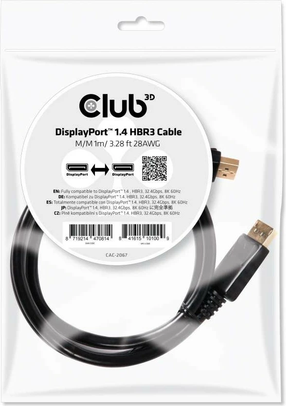 Kabllo DisplayPort Club3D 1.4 HBR3, 1m, 32.4Gb/s, e zezë