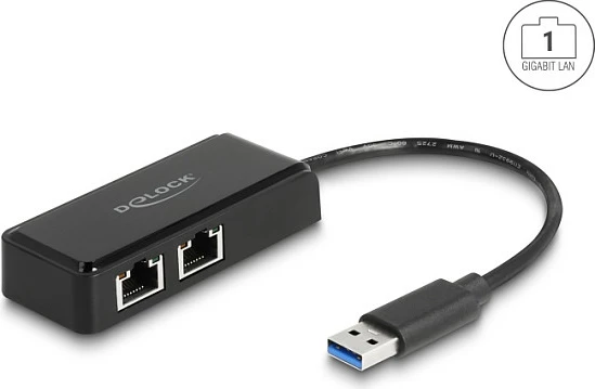 Adapter USB Type-A në 2x Gigabit LAN DeLOCK RTL8153, USB 3.2 Gen 1, i zi