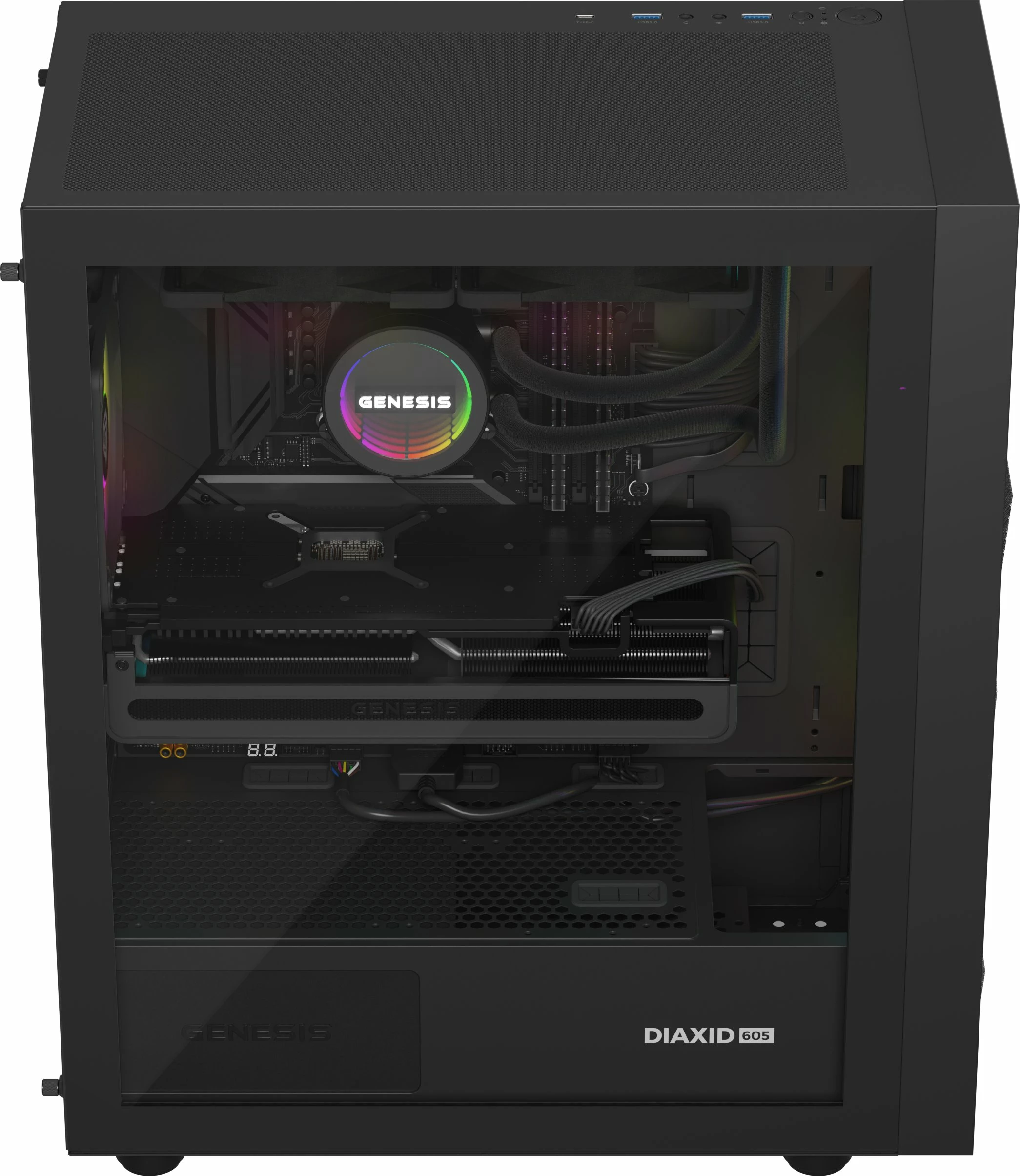 Kasë GENESIS Diaxid 605 ARGB NPC-2172 Midi Tower, ATX/mATX/Mini-ITX, USB-C, pa PSU, e zezë