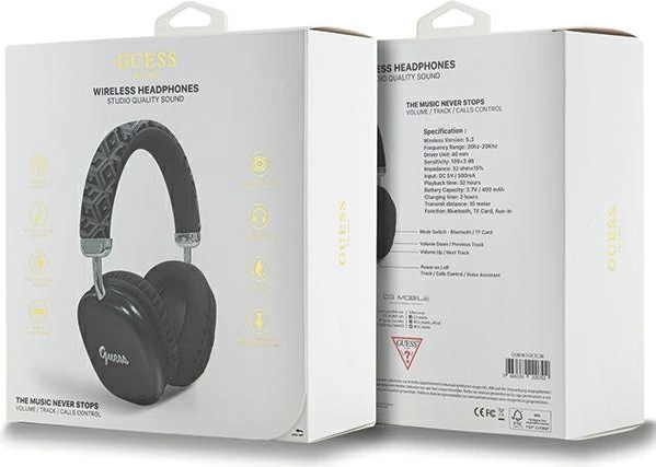 Kufje Bluetooth Guess GCube Metallic Script Logo, on-ear, të zeza