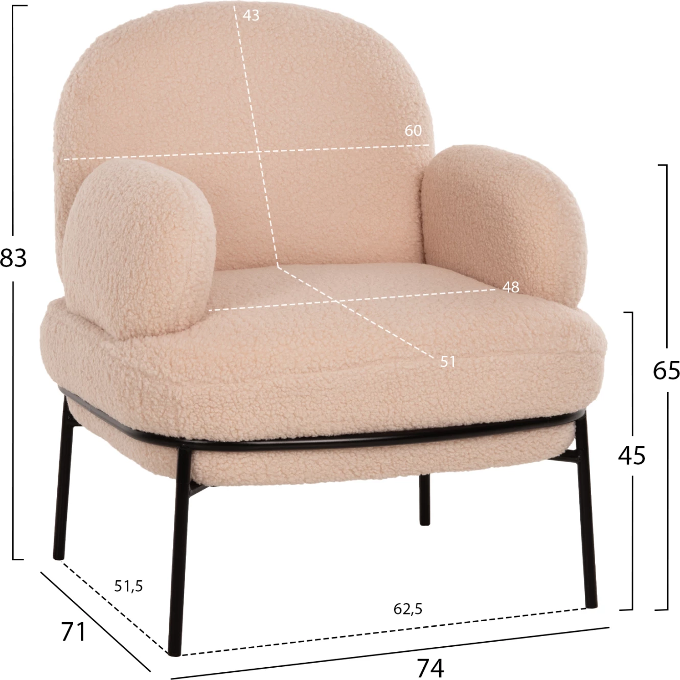 Fotelje AGNES FH9525.20, pëlhurë boucle ecru, këmbë metalike të zeza, 74x71x83H cm.