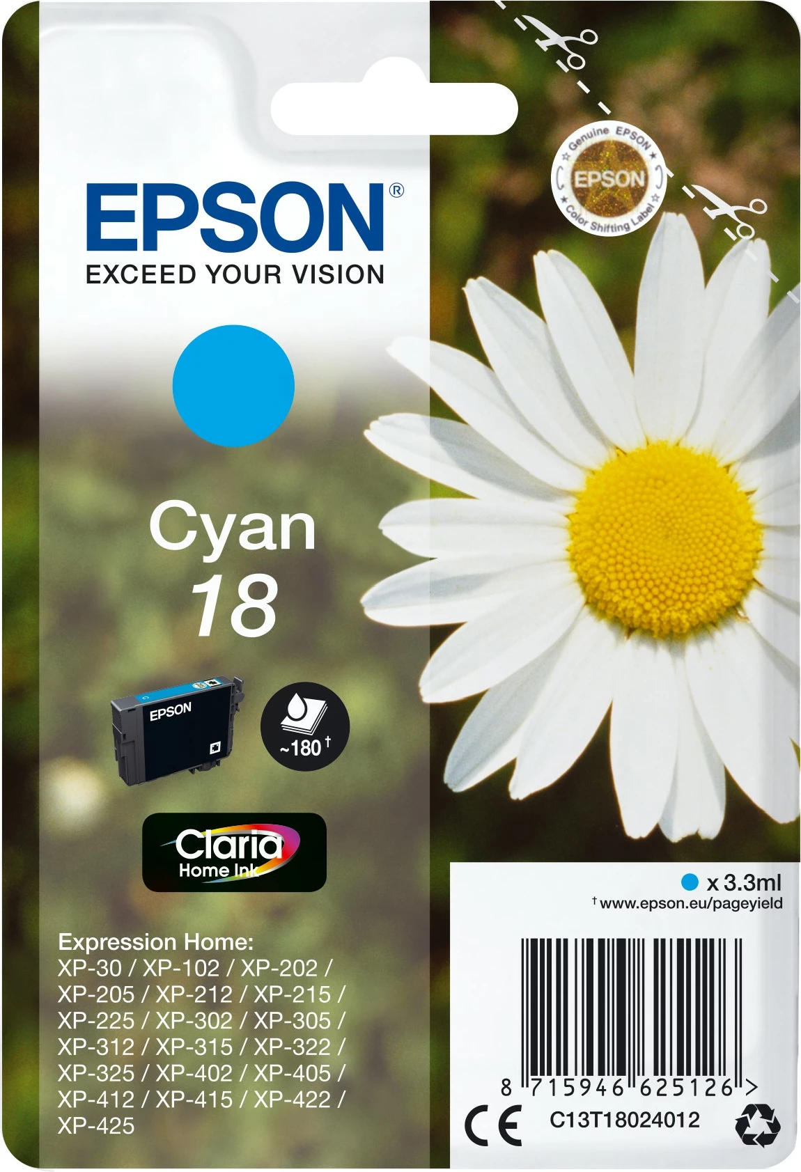 Toner Epson Daisy Singlepack Cyan 18 Claria Home Ink, 3.3 ml