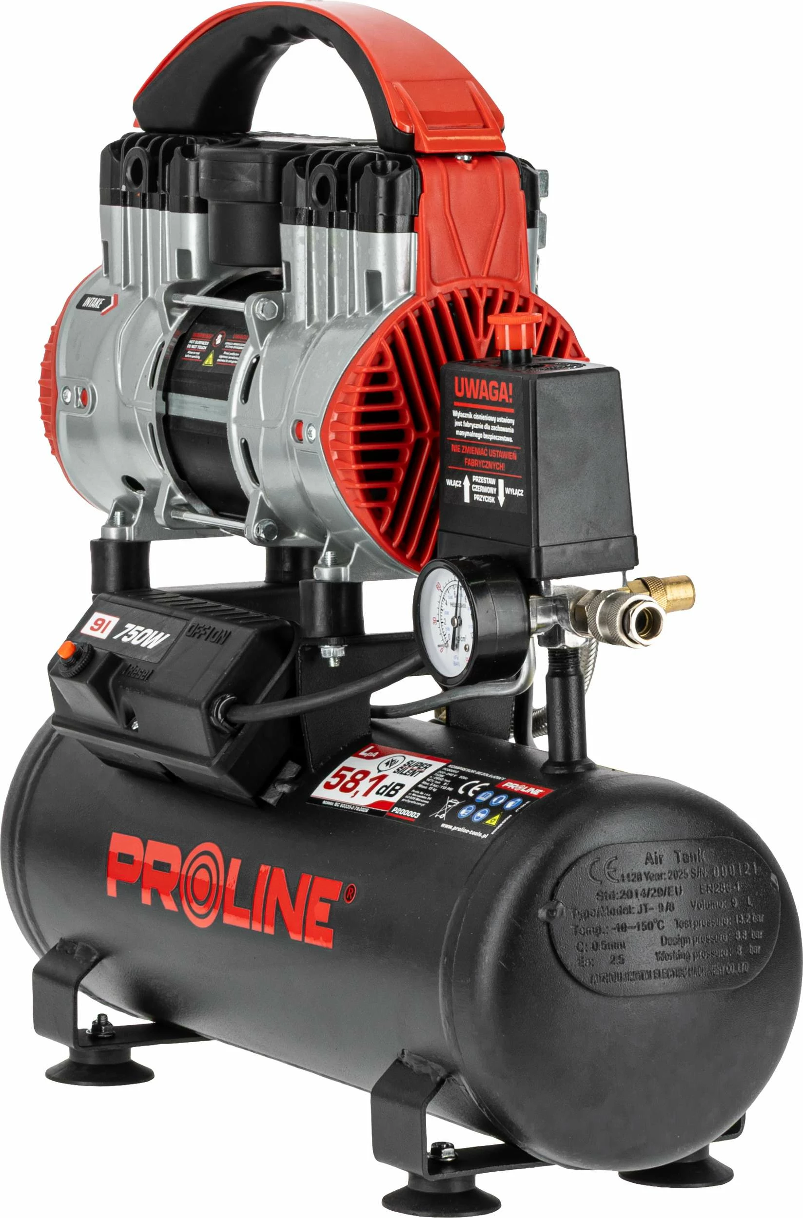 Kompresor ajri pa vaj PROLINE P200003, 9L, 750W/1HP, 8 bar, 167 L/min, kuqe/zezë