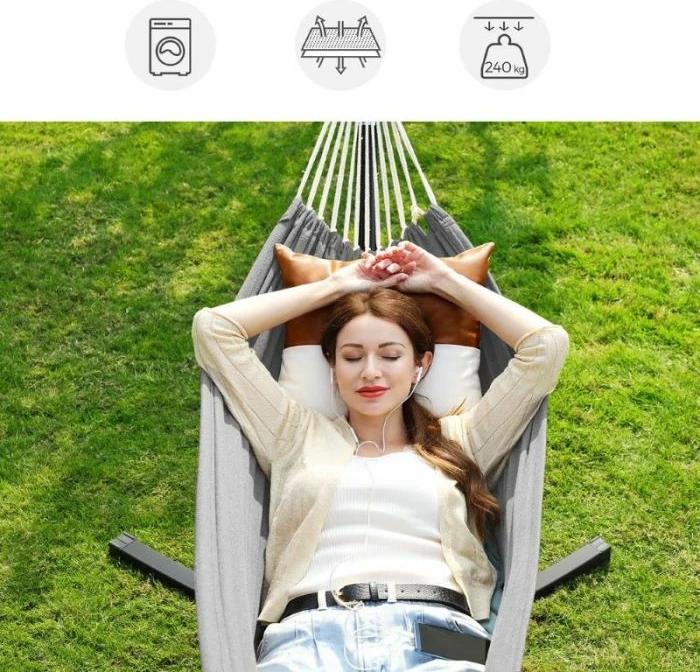 Hamak me kornizë SONGMICS GHS001G01, 210 x 150 cm, ngarkesë max 240 kg, lartësi e rregullueshme, gri/zezë