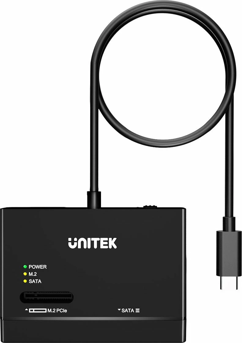 Adapter USB-C për disqe SATA & M.2 NVMe Unitek S1232A01-EU 10Gbps, i zi, me furnizues 24W