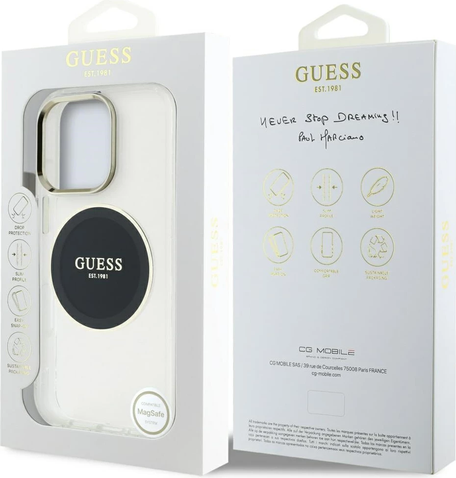 Mbështjellës Guess IML Metal Colored Circle Classic Logo MagSafe për iPhone 16 Pro Max, Zi