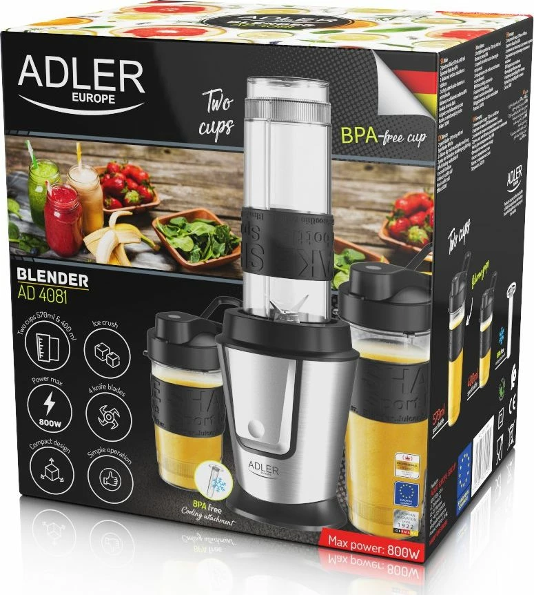 Blender personal Adler AD 4081 800W, 2 shishe 570ml/400ml, argjend