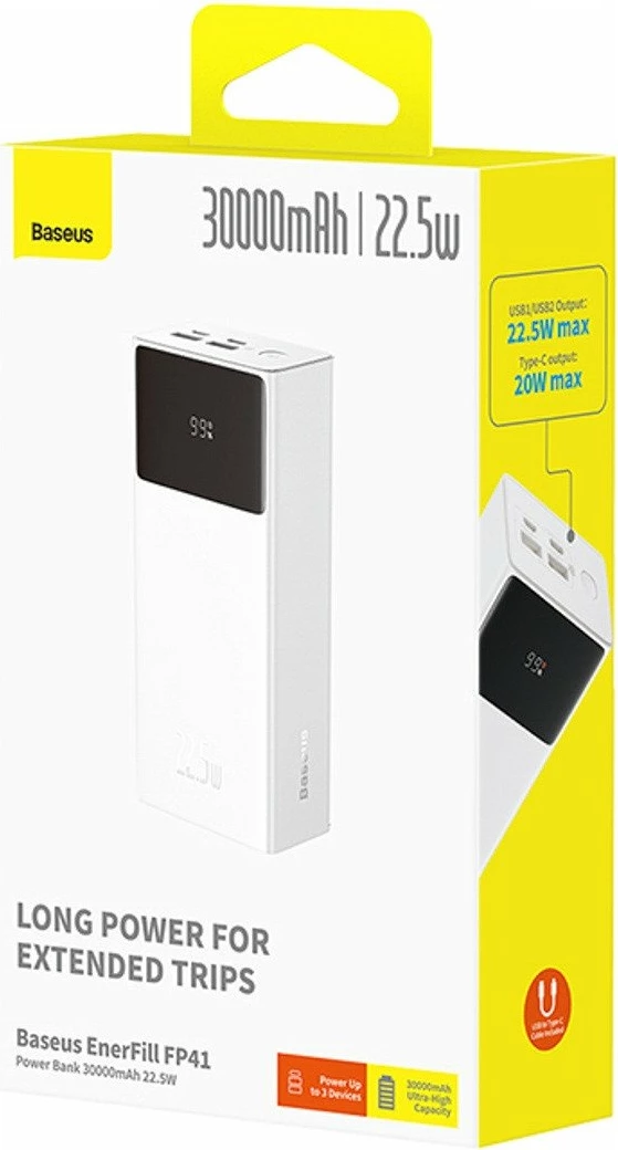 Powerbank Baseus EnerFill FP41 30000mAh 22.5W me display, e bardhë