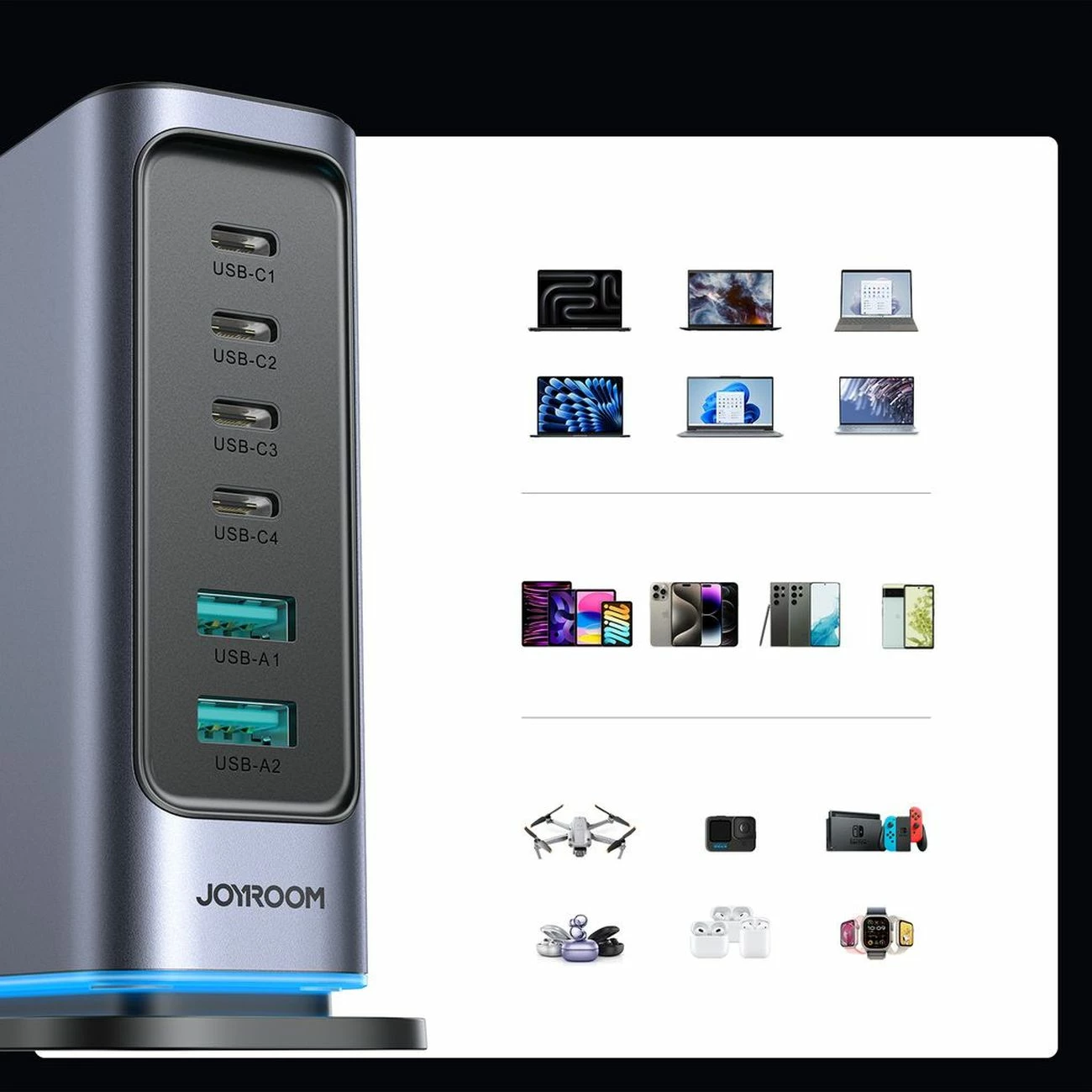 karikues muri GaN 65W, Joyroom JR-TCM02, stacion karikimi 6 porta (4xUSB-C + 2xUSB-A), prizë UK, kabllo 1.5 m, gri