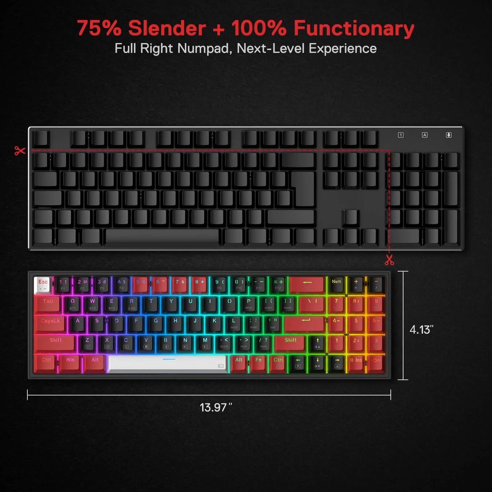 Tastierë mekanike Redragon Pollux K628RGB Pro 75% (78 taste), RGB, Outemu Red, USB-C/2.4GHz/Bluetooth