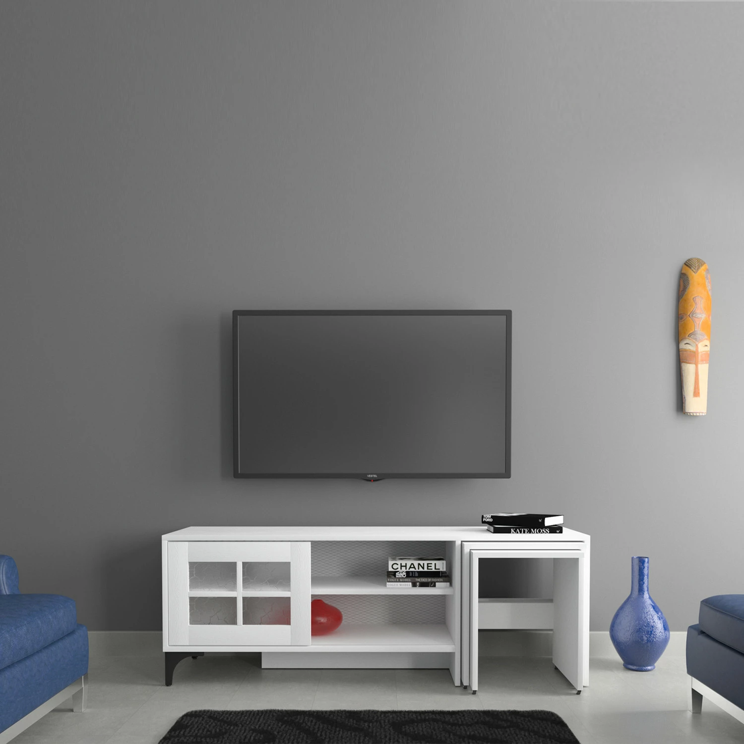 Komodë TV Hanah Home, Revival, e bardhë, me tavolina ndihmëse