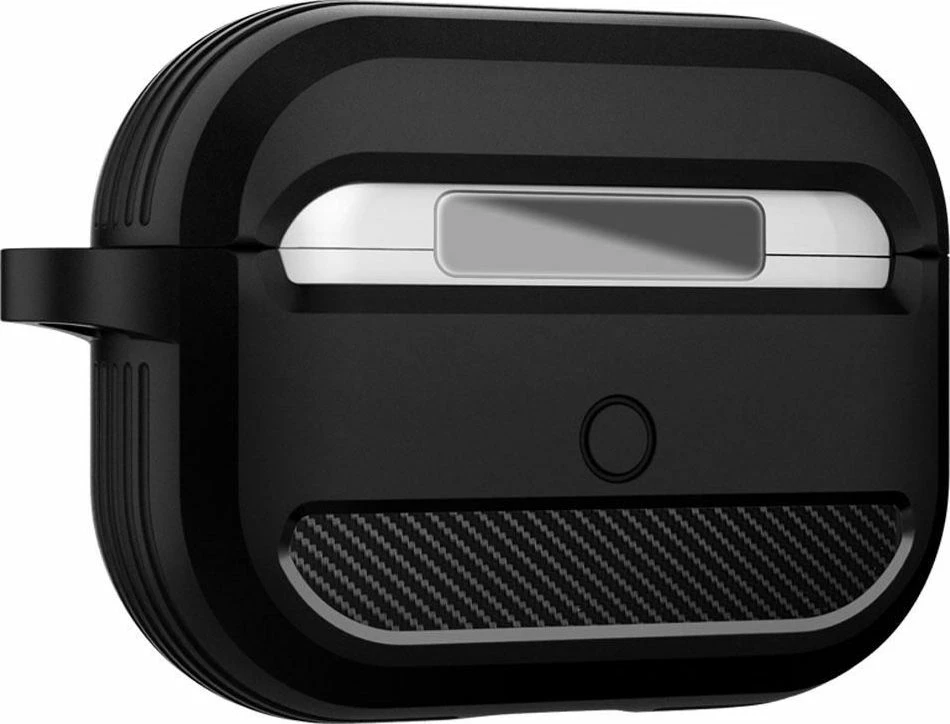 Mbështjellës mbrojtës Spigen Rugged Armor për AirPods Pro, TPU, dizajn karbon, me karabinë, i zi, me film mbrojtës