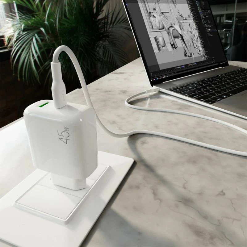 Karikues telefoni Puro Daily Prolite 45W me USB-C/USB-A, i bardhë me kabllo USB-C