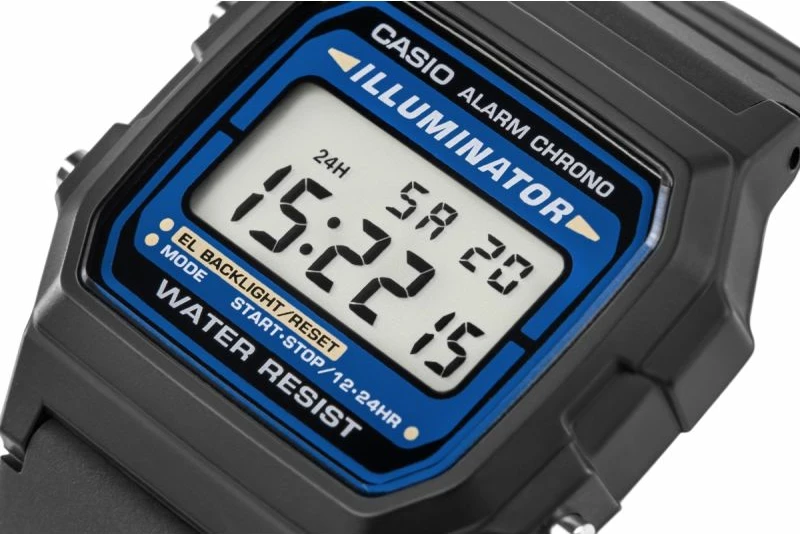 Orë dore CASIO F-105W-1AWYEF për meshkuj, e zezë