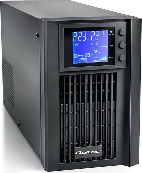 UPS Qoltec 52640 1kVA 800W pure sine wave, line-interactive, AVR, LCD, 2x Schuko, USB & RS-232, 2x 7Ah, e zezë