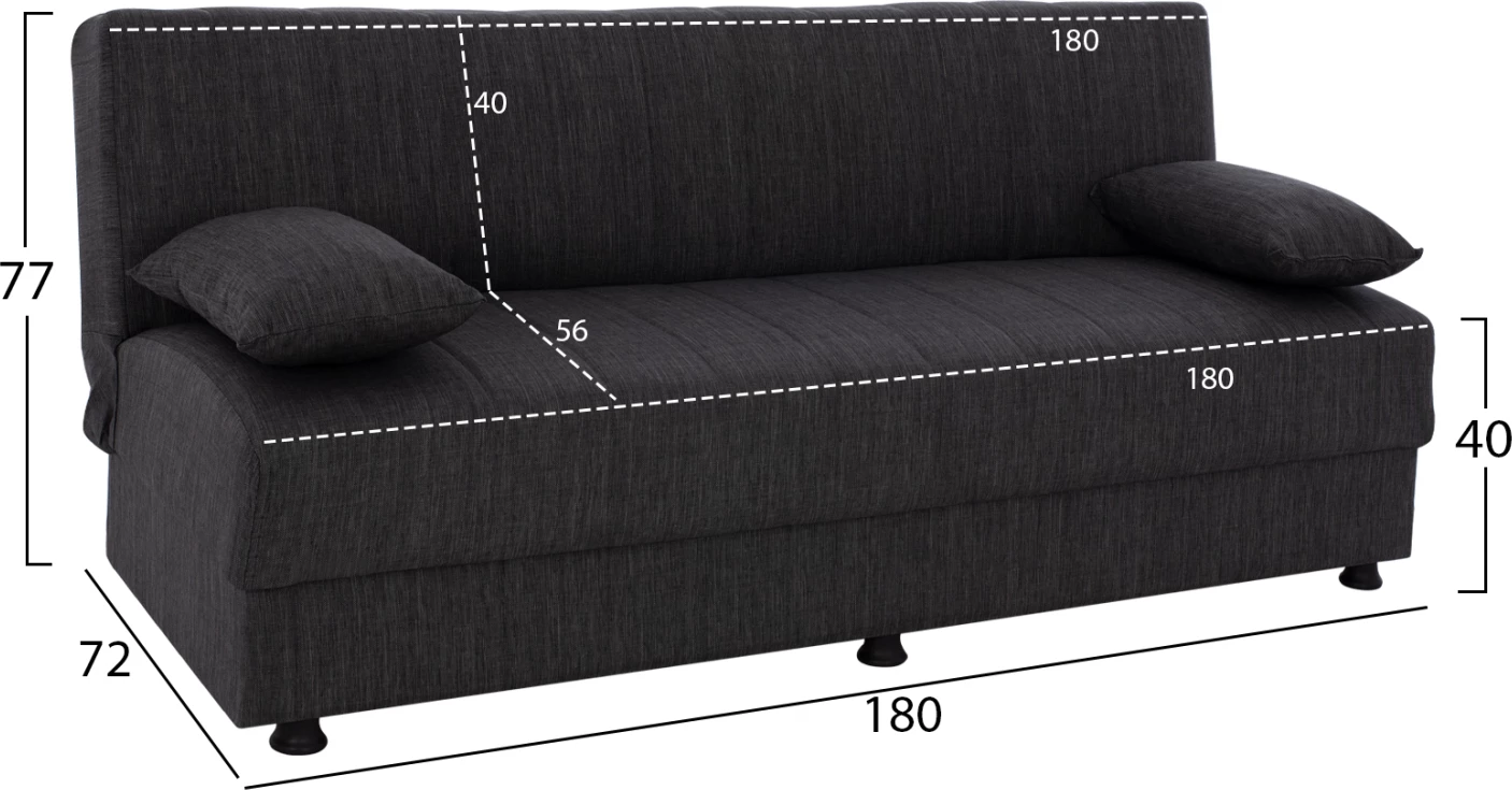 Sofa shtrat tre vendesh, ngjyrë gri, këmbë të shkurtra, pa krahë, FH3239.03