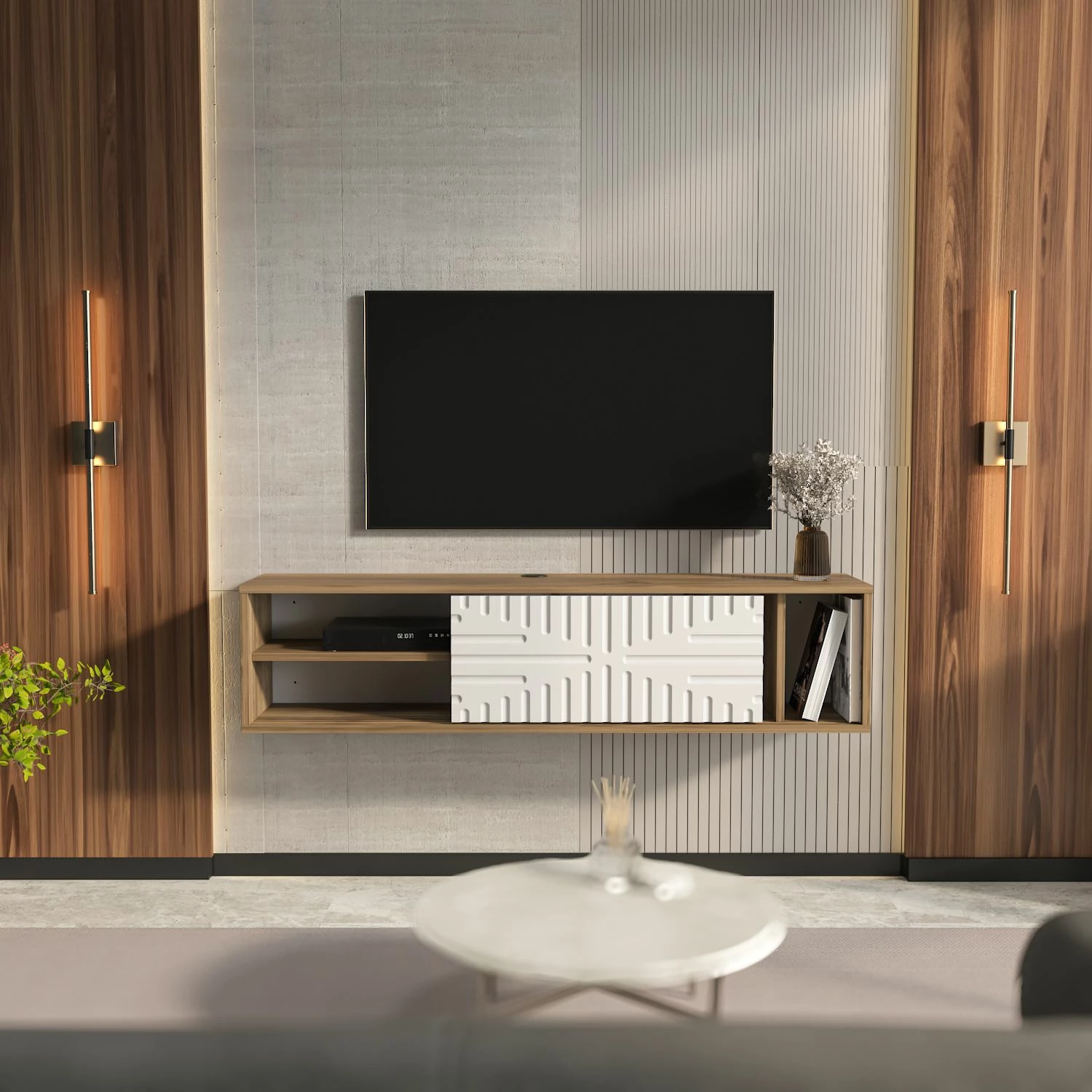 Komodë TV e varur Teo, ngjyrë arre dhe e bardhë, Skye Decor