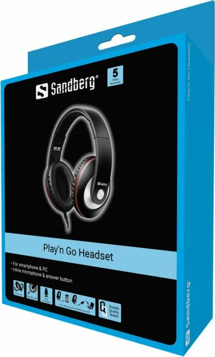 Kufje me mikrofon SANDBERG Play'n Go 125-86, 3.5mm MiniJack, kabllo 1.5m e shkëputshme, over-ear të palosshme, set (kufje + adapter), të zeza