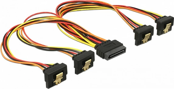 Kabllo furnizimi SATA DeLOCK 60167, 1x SATA 15-pin në 4x SATA 15-pin, 0.3 m, gold-plated, zezë/kuqe/verdhe