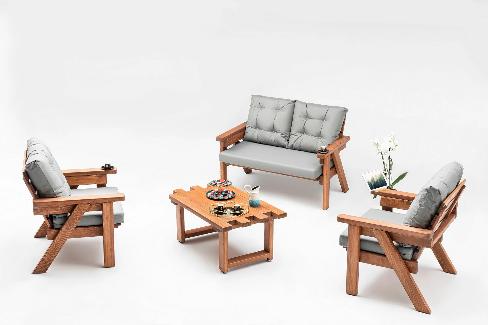 Divan kopshti dy vendësh, ngjyrë gri, dru arre, Skye Decor, Abant