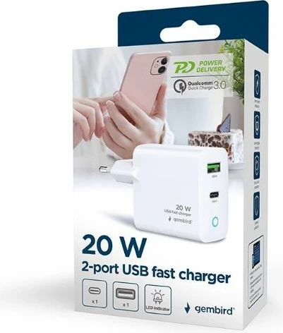Karikues muri Gembird TA-UC-PDQC20L-W-01, 20W, 2 porta USB-A/USB-C, Bardhë