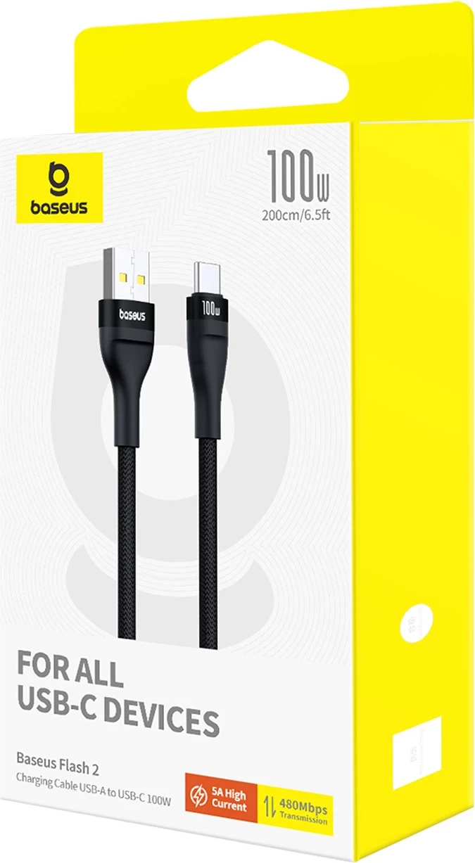 Kabllo Baseus Flash 2, USB-A në USB-C, 1m, 100W, e zezë