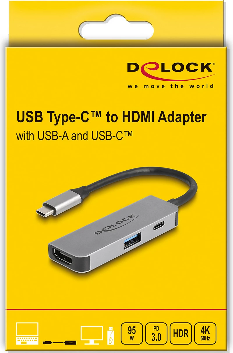 Adapter USB-C DeLOCK 61063, HDMI 4K 60Hz, USB-A 10Gbps, USB-C PD 95W, gri