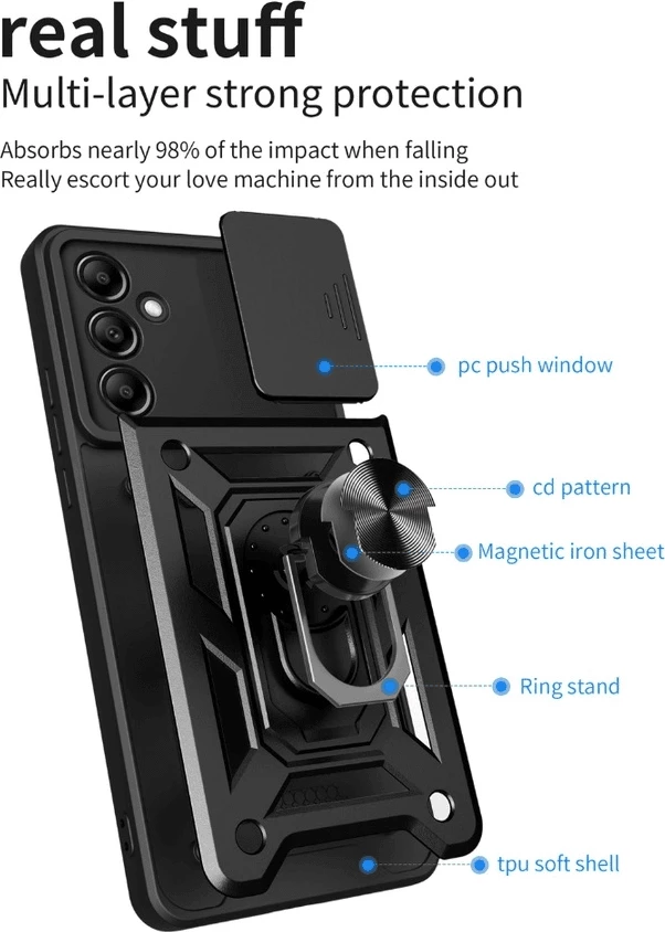 Mbështjellës silikoni ONASI Armor Ring për Samsung Galaxy A16, unazë rrotulluese/stand, slider për mbrojtje kamere, pllakë metalike për mbajtëse magnetike, i zi