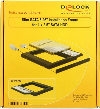 Adapter kornizë DeLOCK 62669 për bay 5.25" slim, për HDD/SSD 2.5" SATA 6 Gbit/s, e zezë