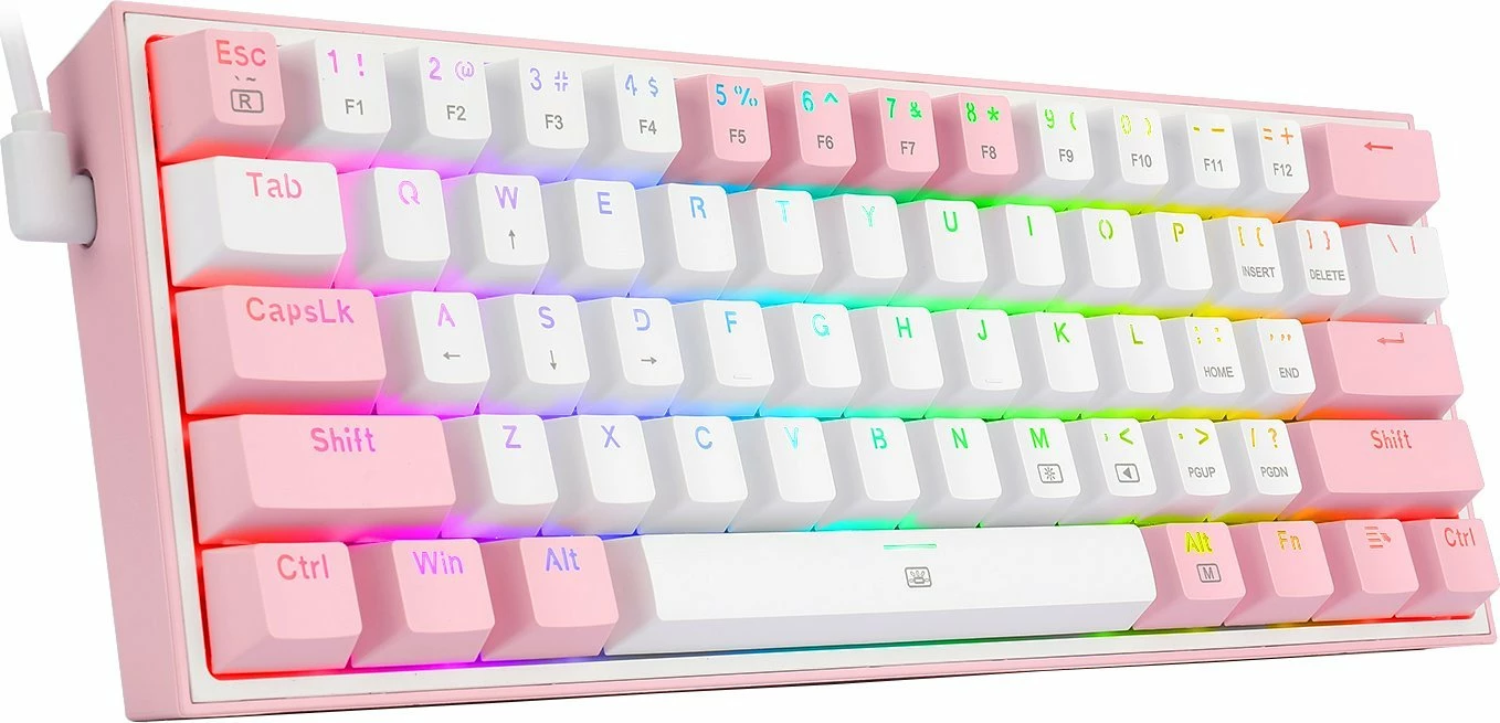 Tastierë mekanike gaming Redragon K617 Fizz 60% (61 tasta) RGB, lidhje me kabllo USB-C, US layout, rozë
