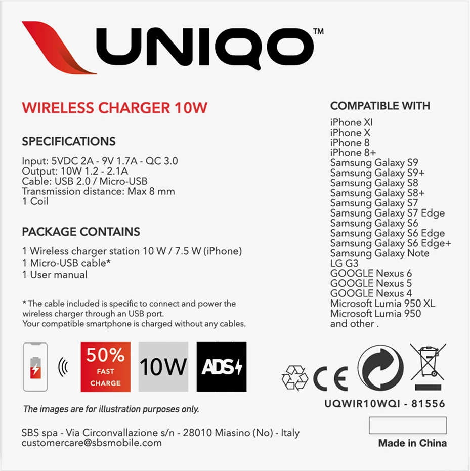 Karikues wireless SBS UQWIR10WQI, Quick Charge 3.0, 10W, i zi