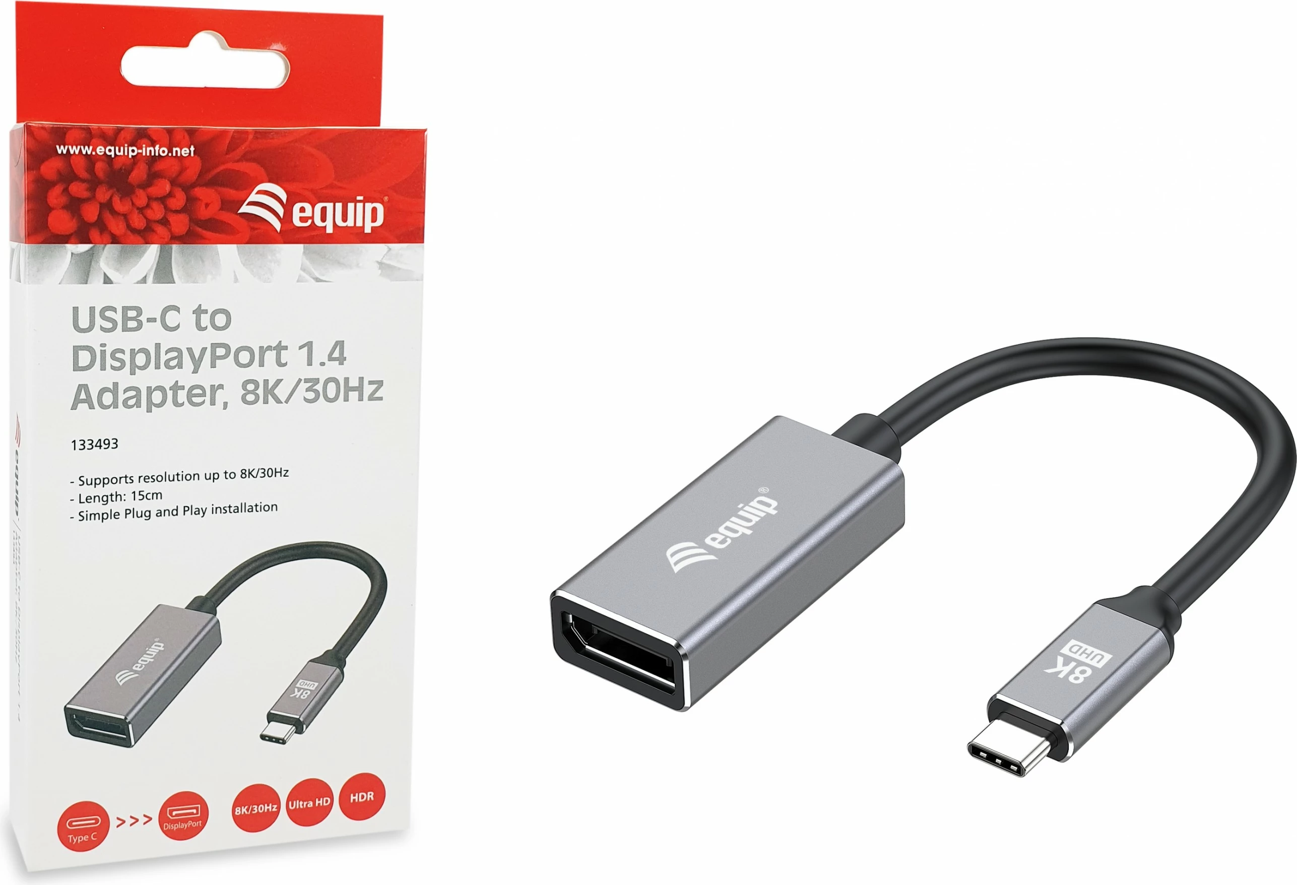 Adapter USB-C në DisplayPort 1.4 Equip, 8K/30Hz, 0.15m, zi/gri