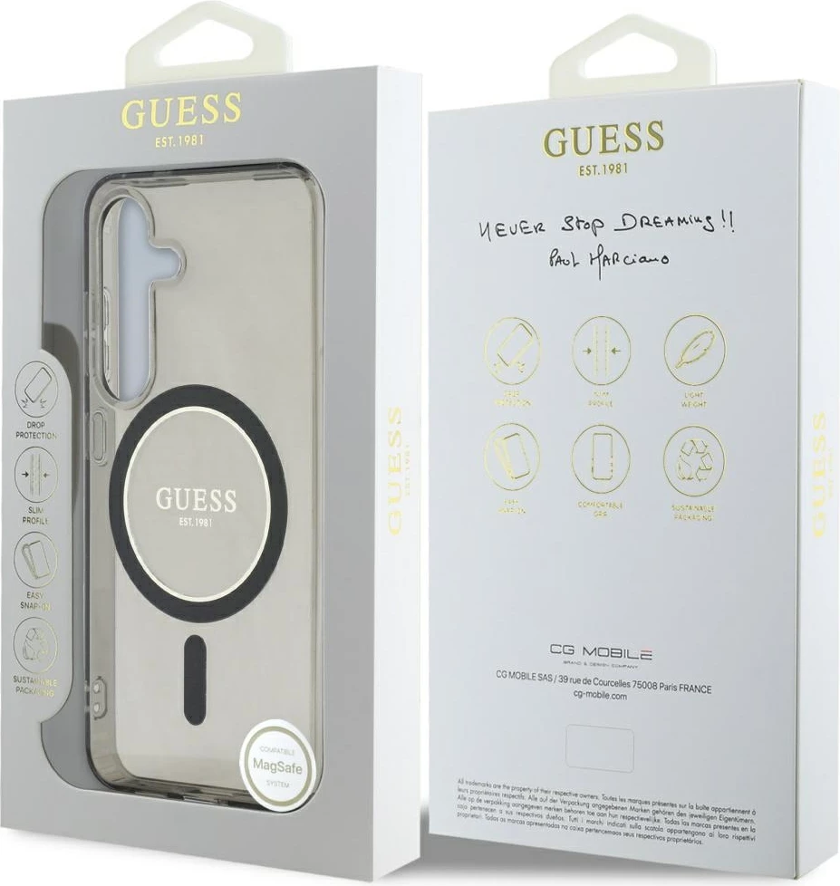 Mbështjellës Guess Glitter Circle Classic Logo MagSafe për Samsung Galaxy S25, zi