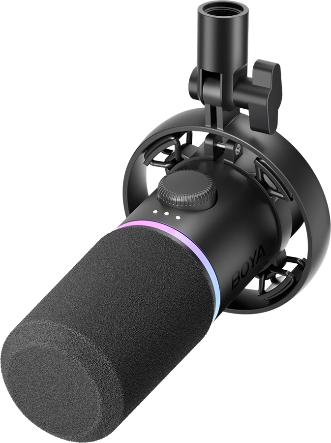 Mikrofon dinamik BOYA CastMic S60 USB/XLR 48kHz/24-bit RGB, i zi, set me shock mount, pop filter dhe kabllo USB-C