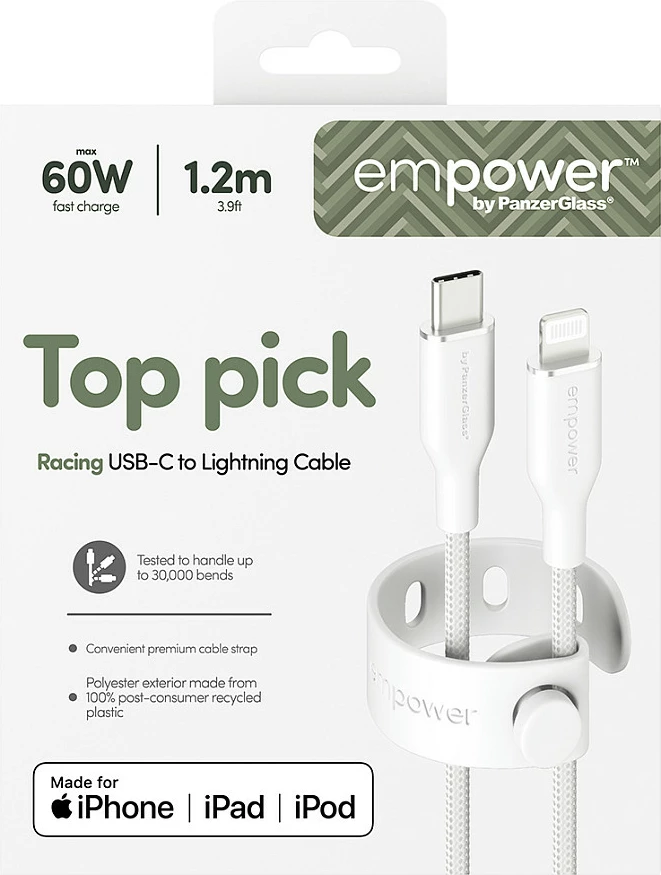 Kabllo PanzerGlass empower Racing USB-C në Lightning, 1.2 m, 60W Fast Charge, e bardhë
