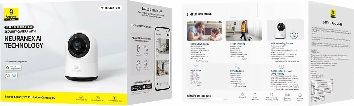 Kamerë sigurie e brendshme Baseus P1 Pro 3K 5MP Wi‑Fi Pan/Tilt 360° MicroSD deri 256GB, e bardhë