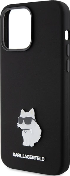 Mbështjellës Karl Lagerfeld Silicone Choupette Metal Pin për iPhone 15 Pro Max, i zi