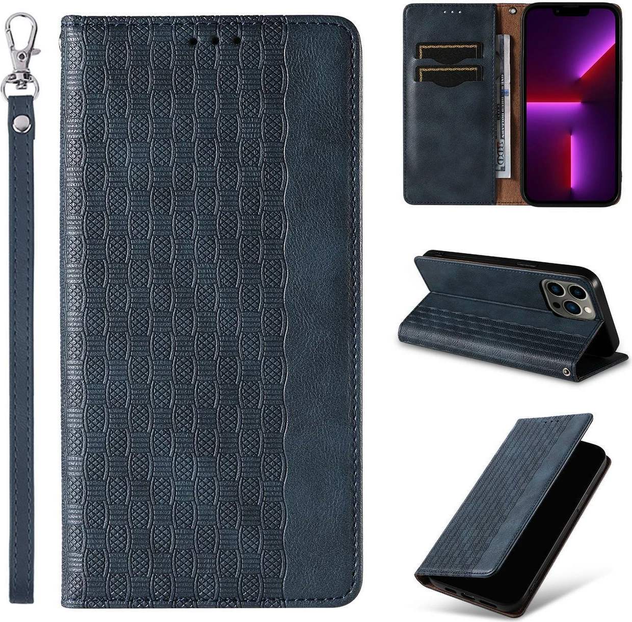 Mbështjellës Hurtel Magnet Strap Case për iPhone 14 Pro, me portofol, qëndrim dhe rrip dore, Kaltër