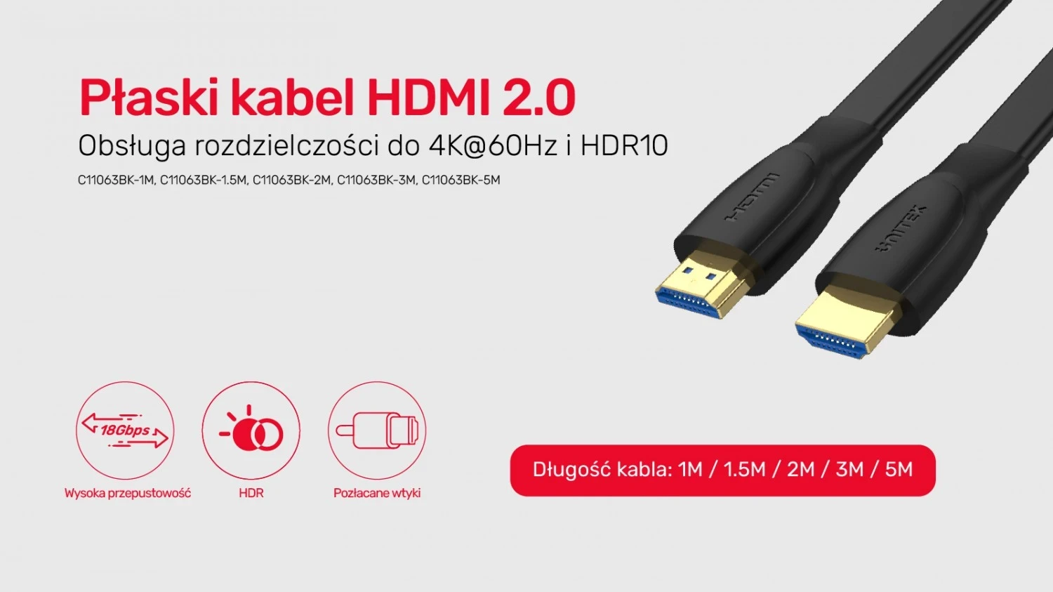 Kabllo HDMI Unitek me shpejtësi të lartë 2.0 4K 60Hz e sheshtë 5m
