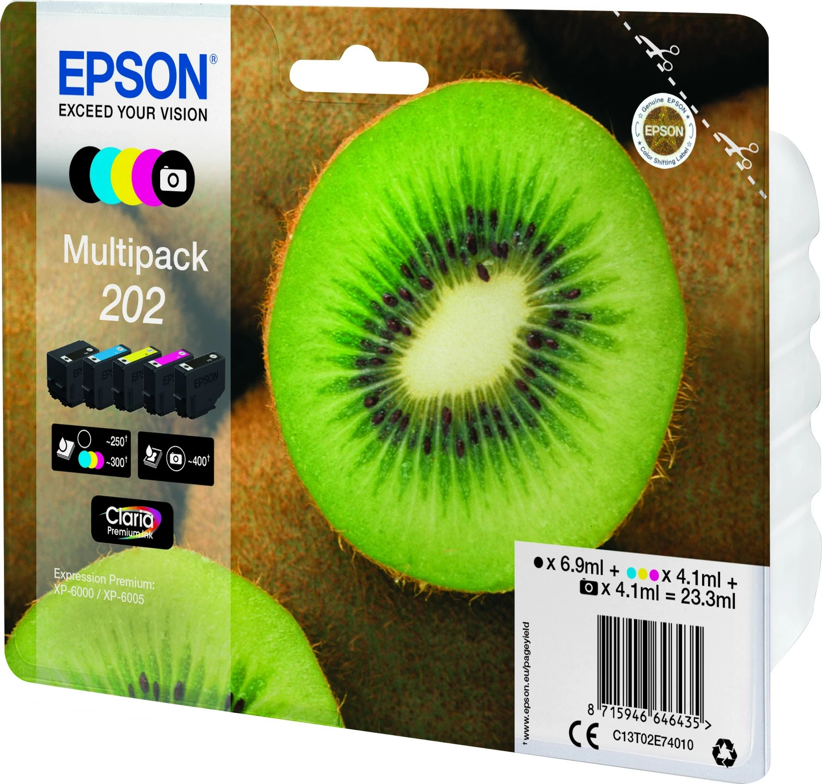 Multipack bojra Epson Kiwi 5-ngjyrëshe 202 Claria Premium, Standard Yield, e zezë, foto e zezë, cyan, magenta, e verdhë