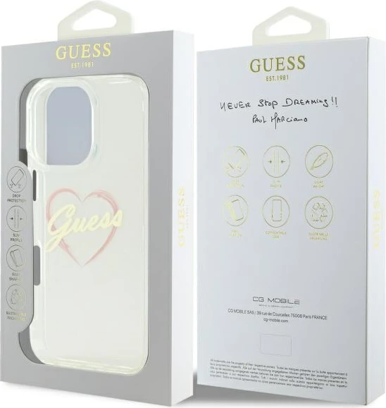 Mbështjellës Guess IML Heart për iPhone 16 Pro Max, Transparent