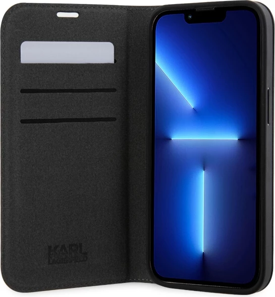 Mbështjellës Karl Lagerfeld Saffiano Monogram për iPhone 14 Pro 6.1", i zi, me kapak