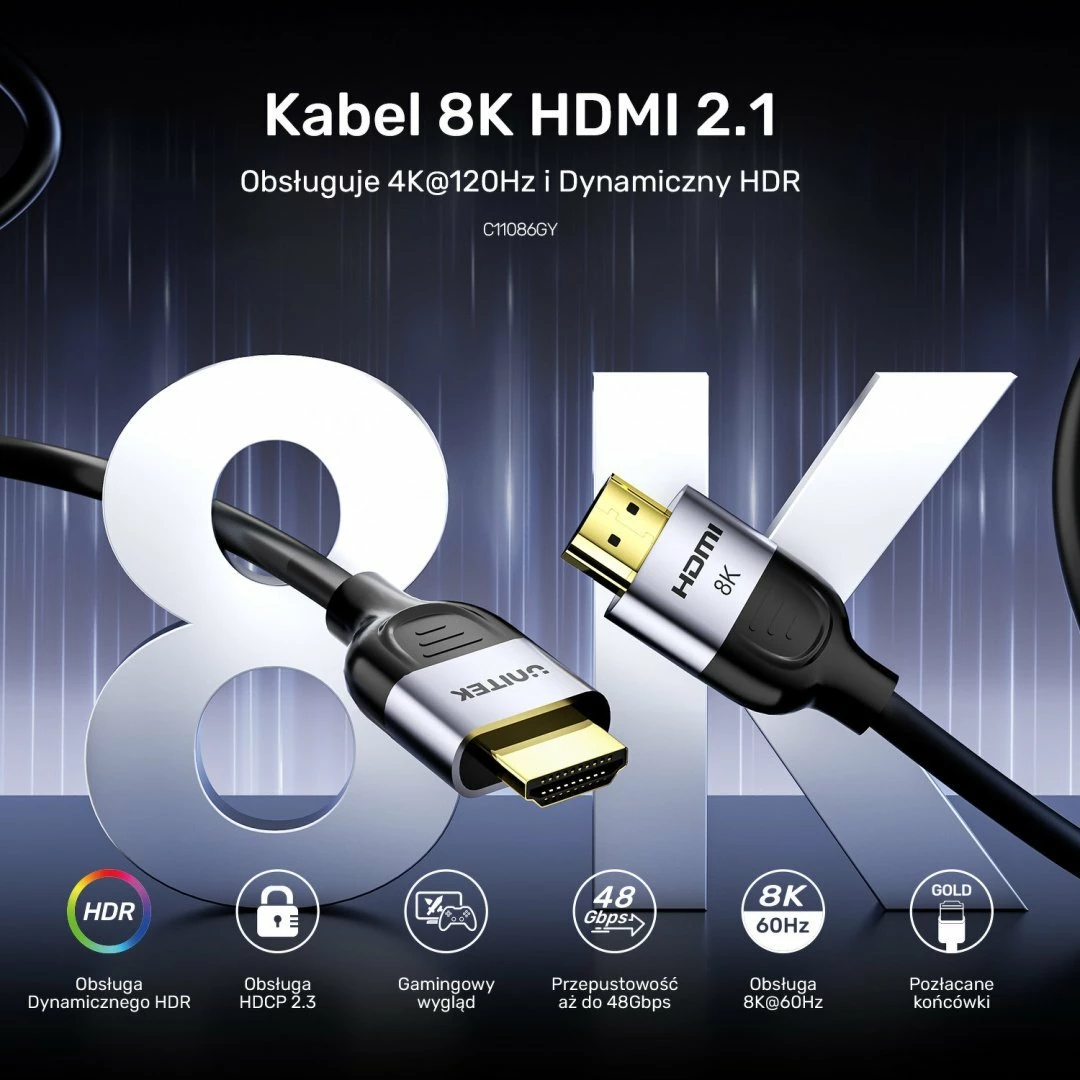 Kabl HDMI Unitek C11086GY01-3M, HDMI 2.1 8K 60Hz, 3m, e zezë