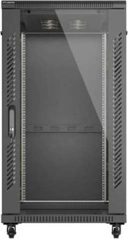Kabinet rack dysheme 19", Lanberg FF01-6222-12B, 22U, 600x1200 mm, derë xhami, ngarkesë 800 kg, IP20, Flat Pack, e zezë