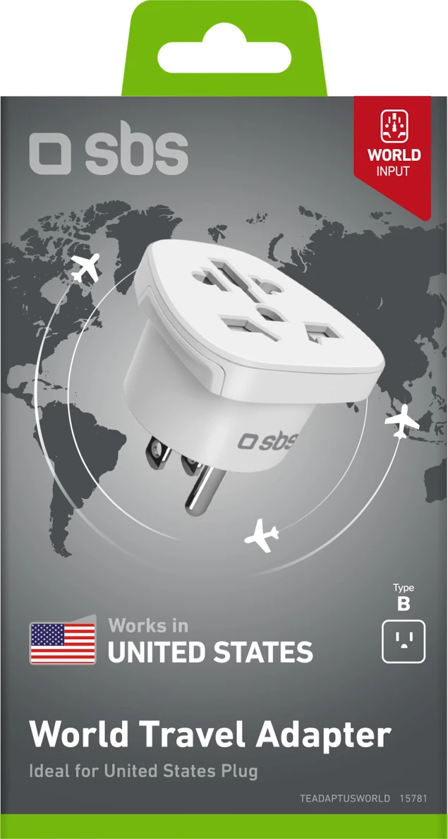 Adapter udhëtimi, SBS, prizë US në prizë universale, 10 A 2500 W, e bardhë