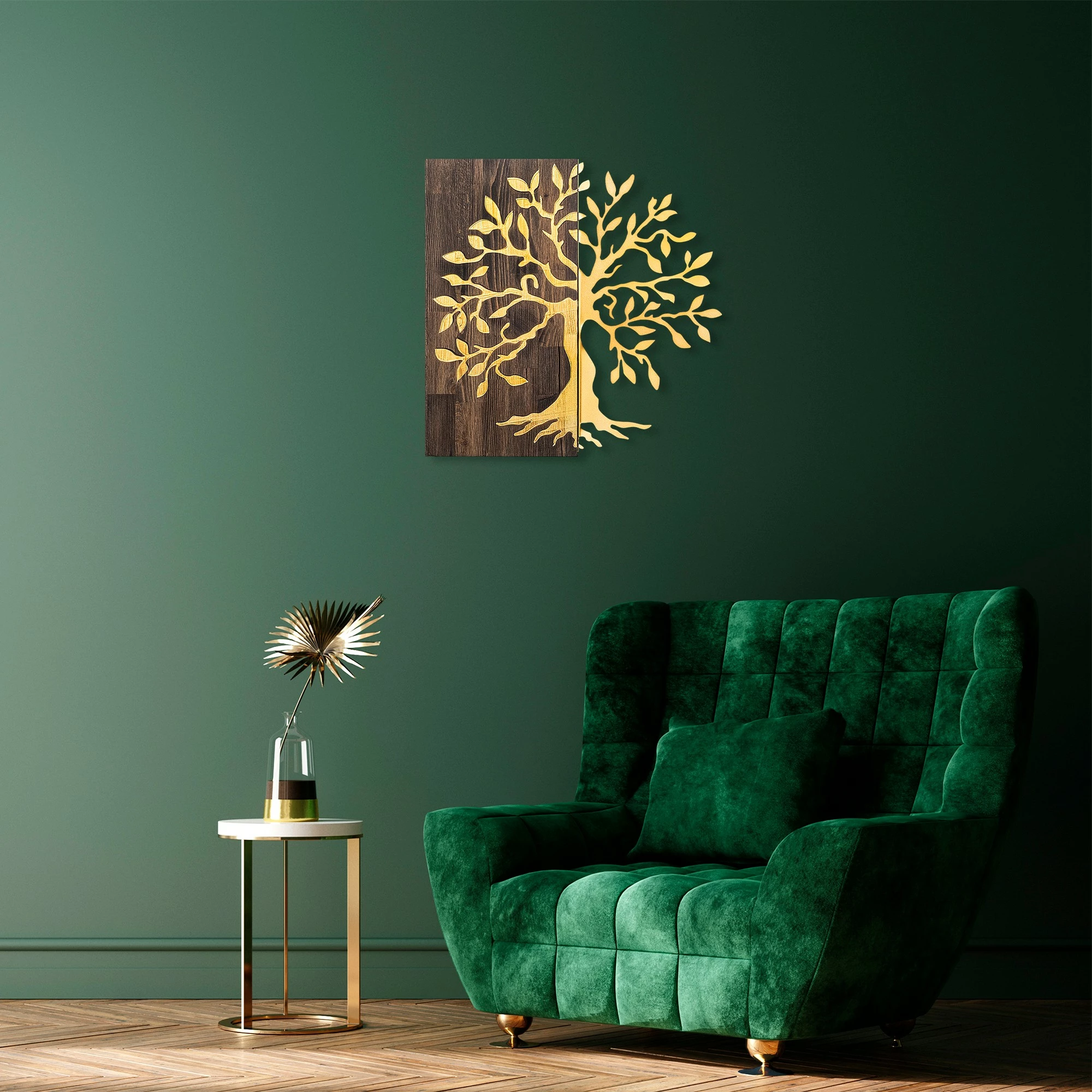 Dekor druri për mur, motiv peme, ngjyrë arre dhe ari, Wallity, 58x58cm