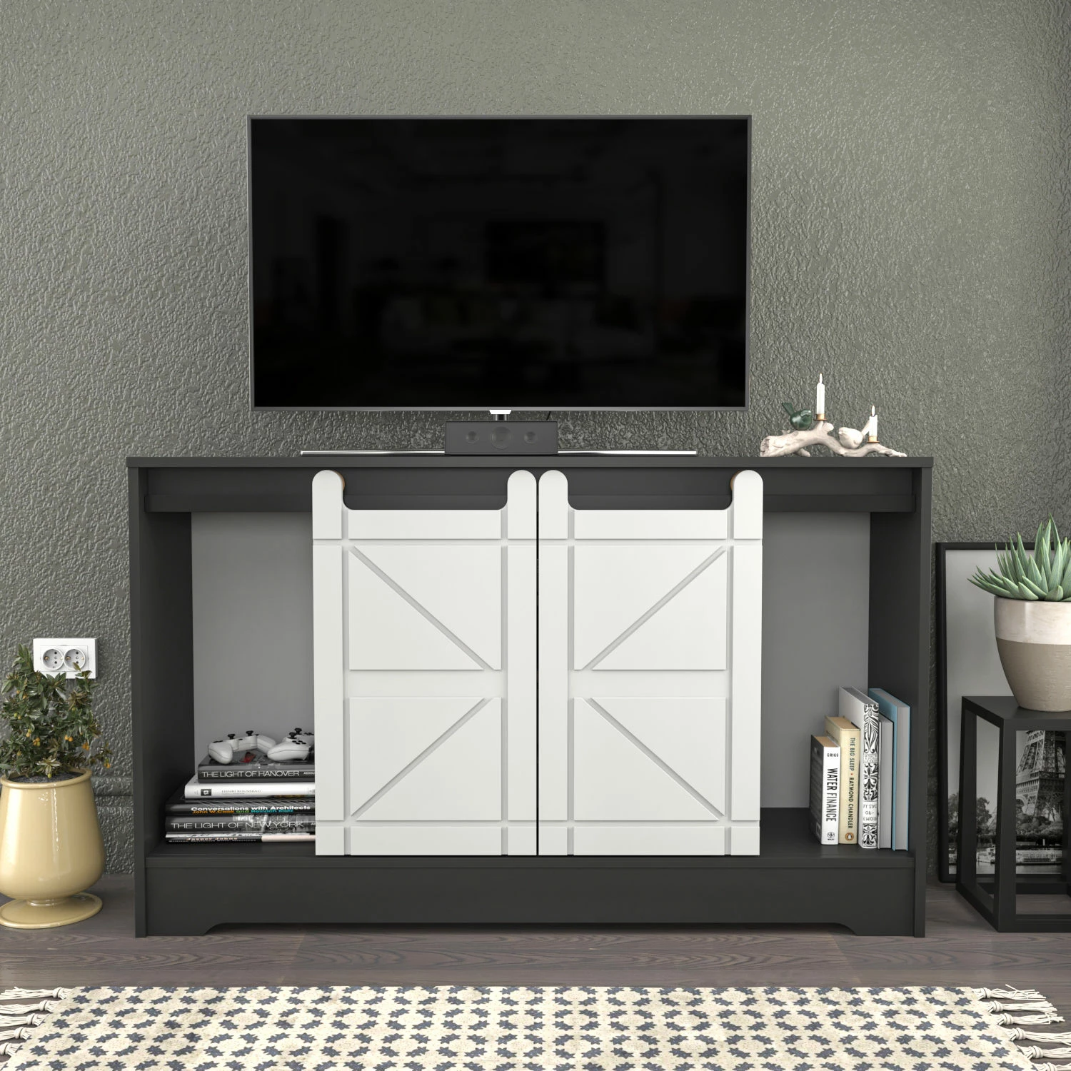 Komodë TV Skye Decor, ngjyrë gri, e bardhë
